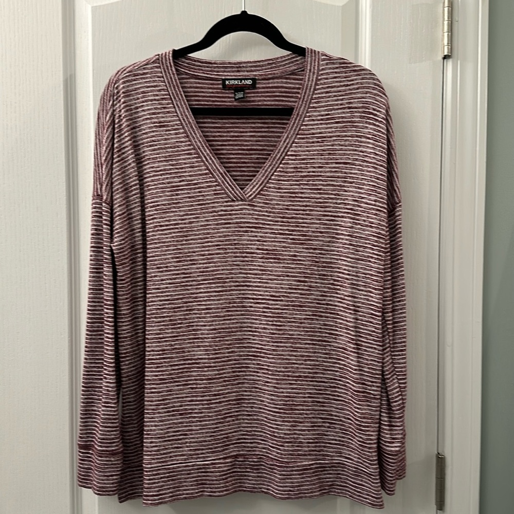 Kirkland Signature SOFT long sleeve, burgundy/white stripe, intentionally faded